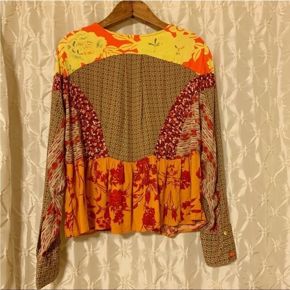 Free People Aloha State of Mind Patchwork Top Flower Detail Drapey Orange Yellow - Picture 3 of 14